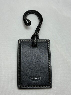 Coach 1941 Black Leather Luggage Tag Bag Charm White Stitching EUC 2.5x1.25